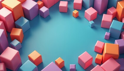 Obraz premium A vibrant arrangement of 3D cubes in pastel shades of pink, purple, and orange forms a whimsical geometric landscape against a soothing blue background. This lively composition invites creativity and