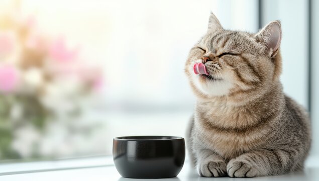 Cute tabby cat sits and licking lips when eating from a  black bowl