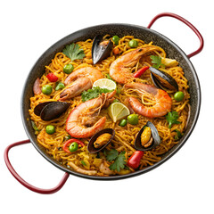 Traditional Spanish Fidela Noodle paella isolated on white background