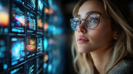 Woman observes a wall of digital data streams