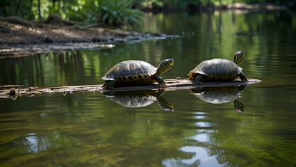 Turtles Swimming in Clear Pond with Calm Water