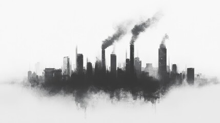 Fototapeta premium Black and white illustration of a city drowning in smog, abstract and minimalist, representing industrial pollution. 
