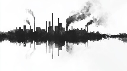 Obraz premium Black and white illustration of a city drowning in smog, abstract and minimalist, representing industrial pollution. 