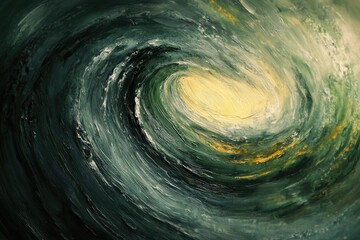 Abstract painting depicting a swirling vortex of dark greens and golds, creating a sense of depth and movement.