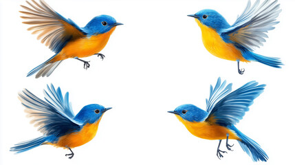 Obraz premium Collection set of flying blue and yellow birds isolated on white background for nature and wildlife art