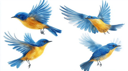 Naklejka premium Collection set of flying blue and yellow birds isolated on white background for nature and wildlife art
