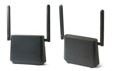 black wireless internet router with two antennas isolated white background, fiber optic Wi-Fi connection, rectangular shape device