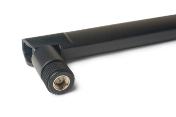 close-up of black fiber optic wifi router antenna SMA connector isolated white background, smaller fine threaded metal port with reverse polarity, 2.4 GHz or 5 GHz higher frequencies