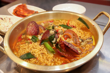 Seafood added to Korean instant ramen. Seafood Ramen
