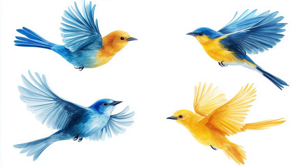 Obraz premium Collection set of flying blue and yellow birds isolated on white background for nature and wildlife art