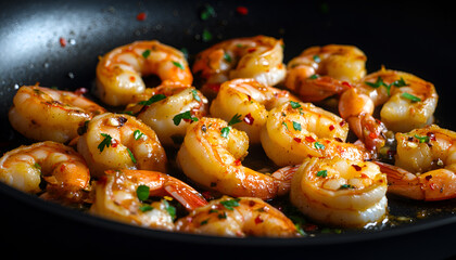 Chef cooking shrimps with chili pepper in a frying pan on a black background, close-up