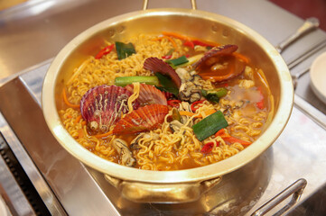 Seafood added to Korean instant ramen. Seafood Ramen