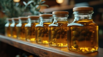 Olive oil bottles shelf display, market, olives