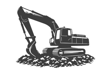 Soil excavator on contractor vector silhouette.