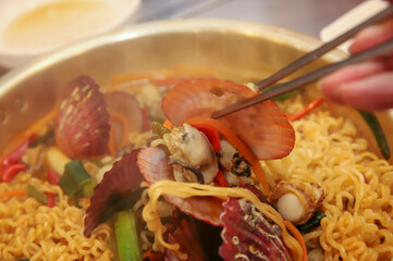 Seafood added to Korean instant ramen. Seafood Ramen