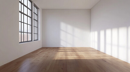 Sunlit empty room with large windows, wooden flooring, and white walls. Beautiful Colored Mockup Bedroom Interior Blank Poster Decoration 