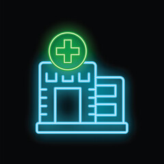 Obraz premium Glowing neon sign representing a modern hospital building with a green cross, symbolizing healthcare and medical services