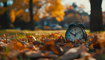 Autumn time. Alarm clock among fallen leaves on green grass, close-up