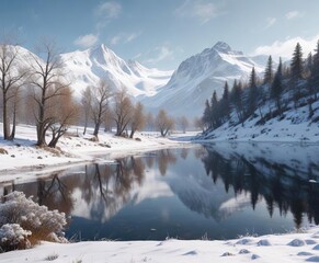 Snowy mountain landscape with bare trees, frozen lake, and snow-covered hills, winter wonderland, snow covered hills