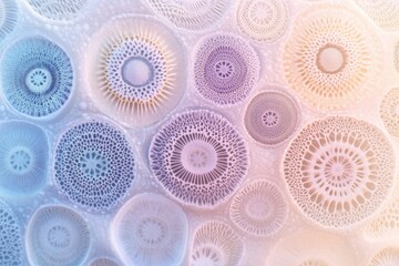 Intricate circular patterns, pastel hues, resembling microscopic organisms or intricate lacework.