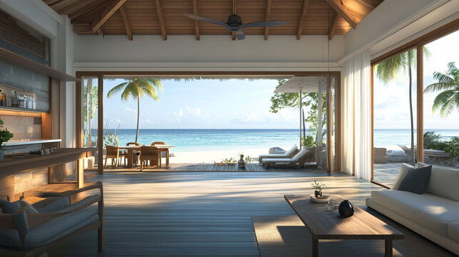 Luxury Seaside Living Room: White Elegance, Modern home office with ocean view. 