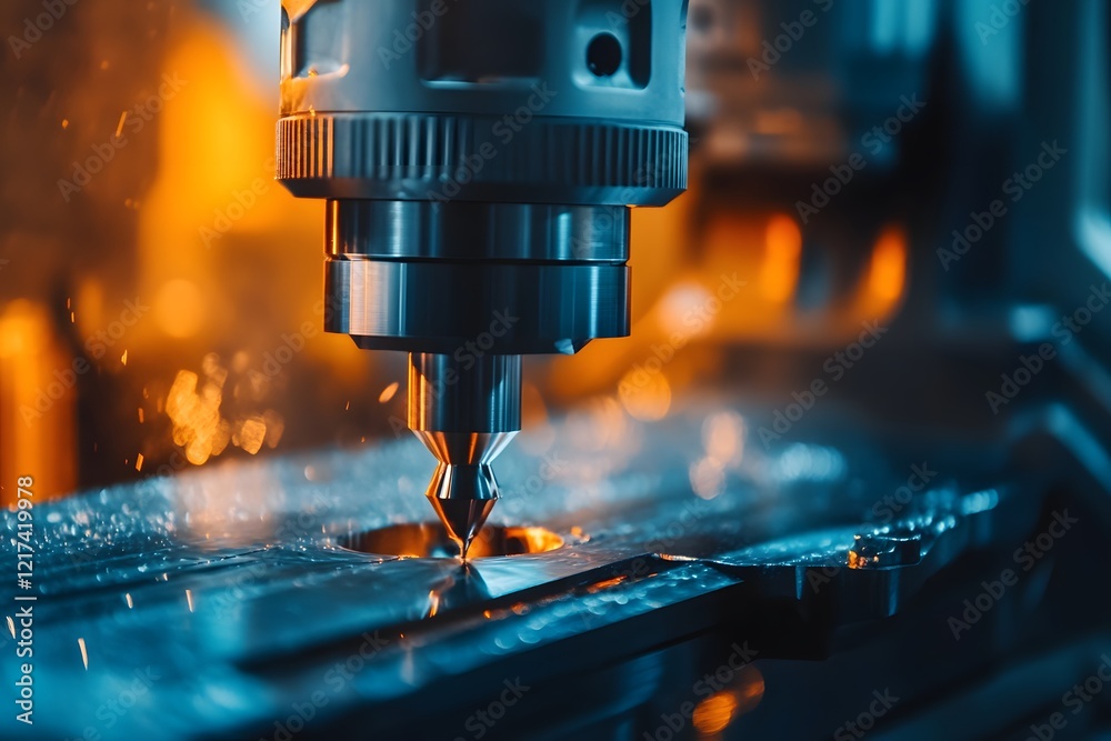 Poster Precision Metal Cutting with Advanced CNC Machine in Industrial Workshop, Showcasing Spark and Detail of Manufacturing Process with Tool Engaged in Workpiece Material