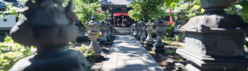 Stone lanterns line path to temple, lush garden background. Peaceful Asian scene