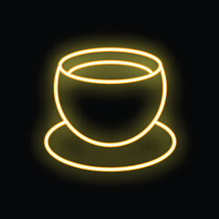 Yellow neon sign of a cup of coffee is glowing on a black background