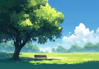 Obraz premium A park with trees and green grass, a bench under the tree in front of you, a blue sky