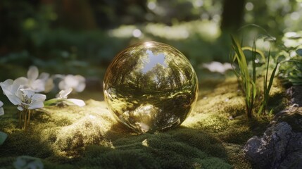 Golden Sphere Reflecting a Forest Scene - Nature's Beauty