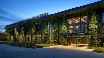 Obraz premium Modern Architectural Building with Lush Green Wall at Dusk
