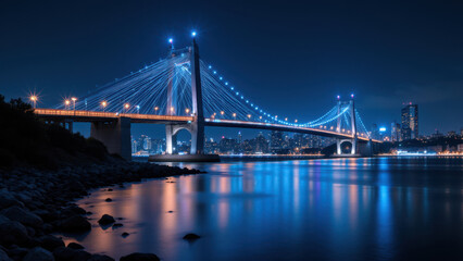 Fototapeta premium A captivating night view of a bridge illuminated by blue lights with reflections dancing across the calm water.
