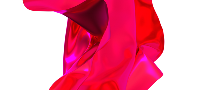 A splash of vibrant red silk against a white background The fabric flows and dances in the air