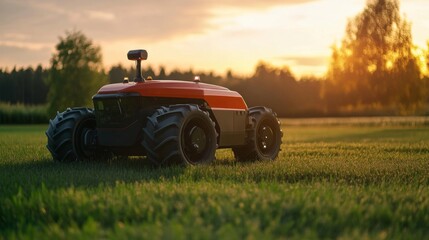 Autonomous Farming Machine at Sunset - Cutting-Edge Agricultural Technology
