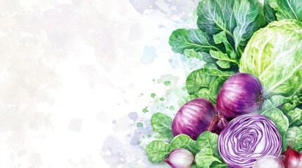 Watercolor painting of fresh cabbages and onions with copy space.