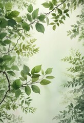 Soft and ethereal watercolor painting of lush green leaves and delicate branches, soft, nature, dreamy