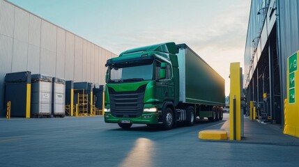 Naklejka premium Green Truck at Industrial Warehouse - Modern Logistics and Transportation