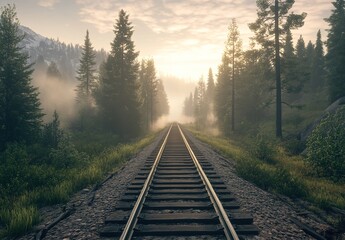 Fototapeta premium A photograph of train tracks leading into the distance through a forest, cinematic in style, beautiful and hyper-realistic in appearance.