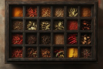 A rustic wooden box filled with an assortment of colorful and aromatic spices.