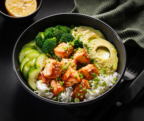 Salmon bowl with rice and vegetables, close up view. Healthy and delicious food