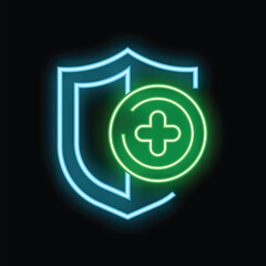 Glowing neon shield with a medical cross inside, representing health protection and safety
