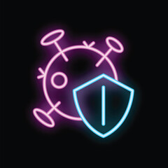 Neon shield protecting from virus with glowing contour lines forming a healthcare icon