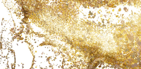 Abstract image of gold star confetti explosion. Festive, celebratory background.