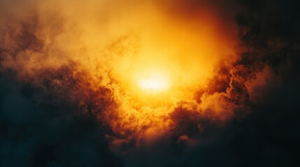 Dramatic shot of a sunrise through dense industrial smoke, golden light contrasting with dark pollution, environmental theme.