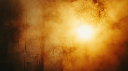 Dramatic shot of a sunrise through dense industrial smoke, golden light contrasting with dark pollution, environmental theme.