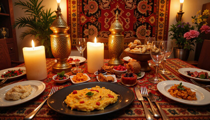 Festive haft-seen table with traditional dishes, celebrating Nowruz