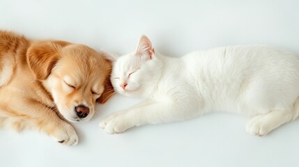 Puppy and kitten dog cat sleeping cute together love friendship adoption shelter white background