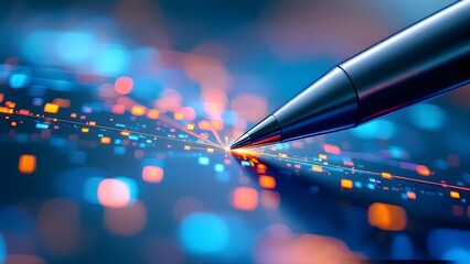 At the precise moment of contact a metallic stylus tip meets a glossy digital surface