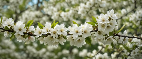 Soft focus of white blooms of nanking cherry prunus tomentosa with greenery, blooming, flora and fauna, lush, soft, spring flowers