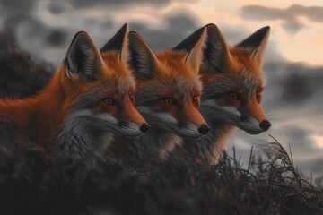 Fototapeta premium Three red foxes huddle together, their fur glowing in the sunset's warm embrace.